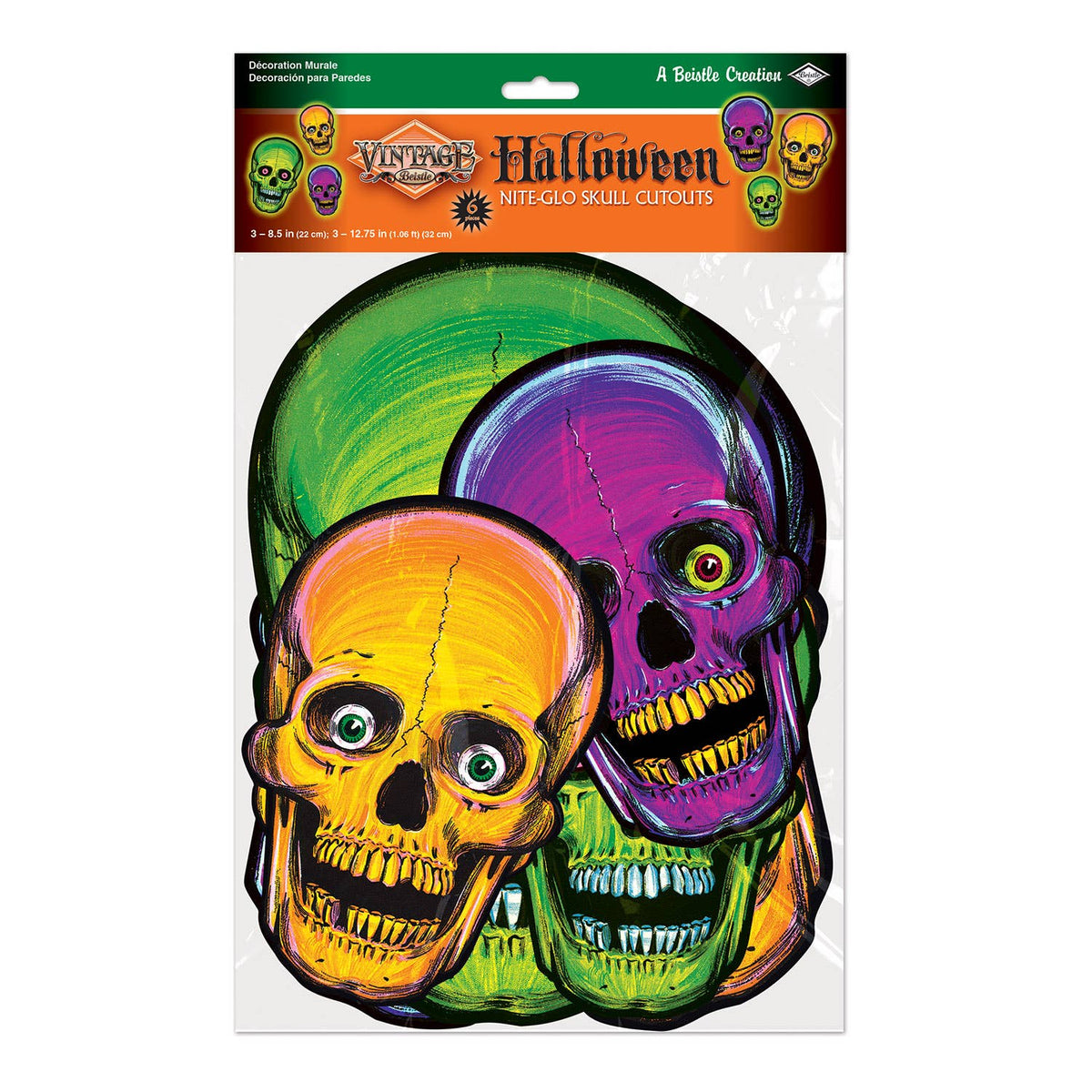 Vintage Halloween Nite-Glo Skull Cutouts, 6/pkg, 8½" & 12¾"