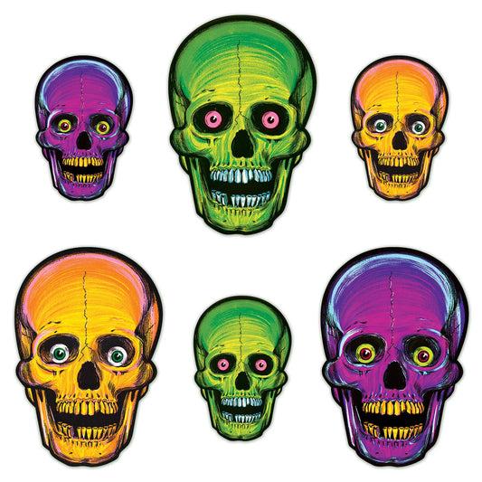 Vintage Halloween Nite-Glo Skull Cutouts, 6/pkg, 8½" & 12¾"